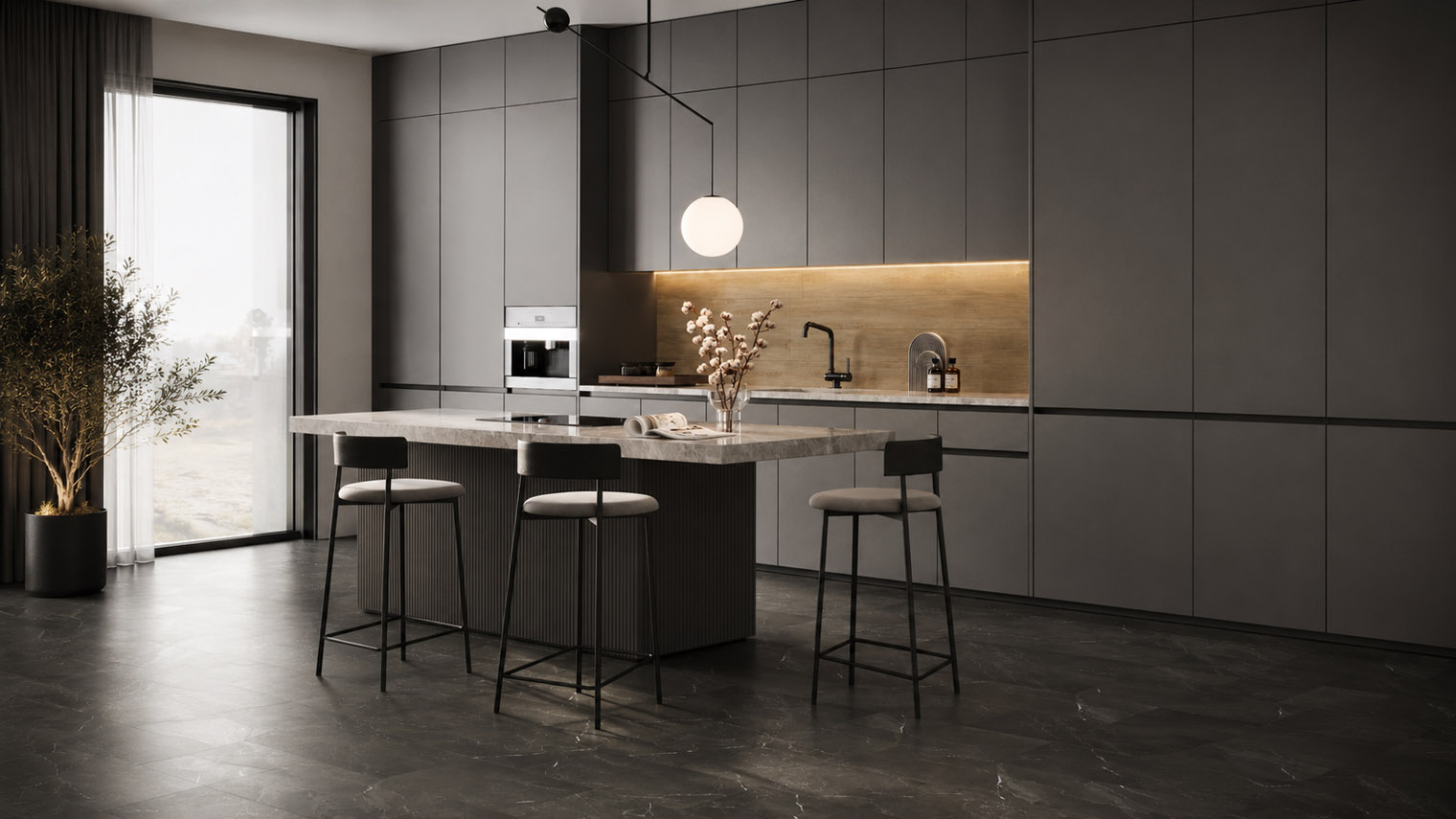 фартук из кварцевого ламината, пол под мрамор, идеи дизайна кухни